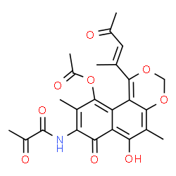 ChemSpider 2D Image | 6-Hydroxy-5,9-dimethyl-7-oxo-1-[(2E)-4-oxo-2-penten-2-yl]-8-(pyruvoylamino)-7H-naphtho[2,1-d][1,3]dioxin-10-yl acetate | C24H23NO9