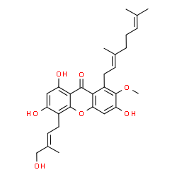 ChemSpider 2D Image | 9H-Xanthen-9-one, 1-(3,7-dimethyl-2,6-octadienyl)-3,6,8-trihydroxy-5-(4-hydroxy-3-methyl-2-butenyl)-2-methoxy- | C29H34O7
