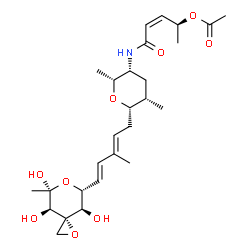 ChemSpider 2D Image | (2S,3Z)-5-{[(2R,3R,5S,6S)-2,5-Dimethyl-6-{(2E,4E)-3-methyl-5-[(3S,4R,5R,7R,8R)-4,7,8-trihydroxy-7-methyl-1,6-dioxaspiro[2.5]oct-5-yl]-2,4-pentadien-1-yl}tetrahydro-2H-pyran-3-yl]amino}-5-oxo-3-penten-
2-yl acetate | C27H41NO9