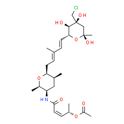ChemSpider 2D Image | (6R)-6-{(1E,3E)-5-[(2S,3S,5R,6R)-5-{[(2Z,4S)-4-Acetoxy-2-pentenoyl]amino}-3,6-dimethyltetrahydro-2H-pyran-2-yl]-3-methyl-1,3-pentadien-1-yl}-4-C-(chloromethyl)-1,3-dideoxy-alpha-D-erythro-hex-2-ulopyr
anose | C27H42ClNO8