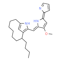 ChemSpider 2D Image | 2-Butyl-11-{(Z)-[(5Z)-3-methoxy-5-(2H-pyrrol-2-ylidene)-1,5-dihydro-2H-pyrrol-2-ylidene]methyl}-10-azabicyclo[7.2.1]dodeca-1(11),9(12)-diene | C25H33N3O
