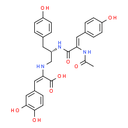 ChemSpider 2D Image | (2E)-2-{[(2S)-2-{[(2Z)-2-Acetamido-3-(4-hydroxyphenyl)-2-propenoyl]amino}-3-(4-hydroxyphenyl)propyl]amino}-3-(3,4-dihydroxyphenyl)acrylic acid | C29H29N3O8