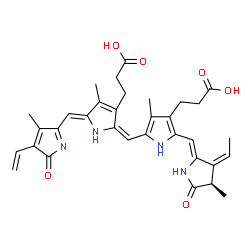 ChemSpider 2D Image | 3-[5-[(E)-[(5Z)-3-(2-carboxyethyl)-4-methyl-5-[(3-methyl-5-oxo-4-vinyl-pyrrol-2-yl)methylene]pyrrol-2-ylidene]methyl]-2-[(Z)-[(3Z,4R)-3-ethylidene-4-methyl-5-oxo-pyrrolidin-2-ylidene]methyl]-4-methyl-1H-pyrrol-3-yl]propanoic acid | C33H36N4O6