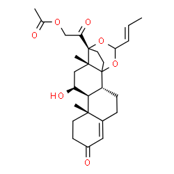 ChemSpider 2D Image | 2-{(2R,10R,11S,12S,14S,15R)-12-Hydroxy-10,14-dimethyl-7-oxo-17-[(1E)-1-propen-1-yl]-16,18-dioxapentacyclo[13.3.2.0~1,14~.0~2,11~.0~5,10~]icos-5-en-15-yl}-2-oxoethyl acetate | C27H36O7