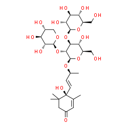 ChemSpider 2D Image | (2S,3E)-4-[(1R)-1-Hydroxy-2,6,6-trimethyl-4-oxo-2-cyclohexen-1-yl]-3-buten-2-yl beta-D-glucopyranosyl-(1->3)-[beta-D-xylopyranosyl-(1->2)]-beta-D-glucopyranoside | C30H48O17