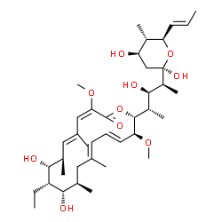 ChemSpider 2D Image | (5R)-2,4-Dideoxy-1-C-{(2S,3R,4S)-4-[(2R,3S,4E,6E,9R,10S,11S,12R,13R,14E,16E)-11-ethyl-10,12-dihydroxy-3,17-dimethoxy-7,9,13,15-tetramethyl-18-oxooxacyclooctadeca-4,6,14,16-tetraen-2-yl]-3-hydroxy-2-pe
ntanyl}-4-methyl-5-[(1E)-1-propen-1-yl]-alpha-D-threo-pentopyranose | C39H64O10