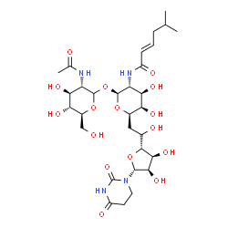 ChemSpider 2D Image | (2E)-N-[(2S,3R,4R,5R,6R)-2-{[(3S,4S,5R,6S)-3-Acetamido-4,5-dihydroxy-6-(hydroxymethyl)tetrahydro-2H-pyran-2-yl]oxy}-6-{(2S)-2-[(2R,3S,4R,5R)-5-(2,4-dioxotetrahydro-1(2H)-pyrimidinyl)-3,4-dihydroxytetr
ahydro-2-furanyl]-2-hydroxyethyl}-4,5-dihydroxytetrahydro-2H-pyran-3-yl]-5-methyl-2-hexenamide | C30H48N4O16