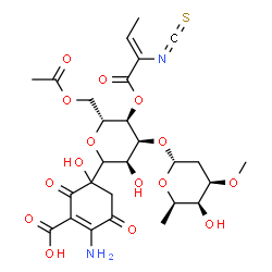ChemSpider 2D Image | (1xi)-6-O-Acetyl-1-(4-amino-3-carboxy-1-hydroxy-2,5-dioxo-3-cyclohexen-1-yl)-1,5-anhydro-3-O-(2,6-dideoxy-3-O-methyl-alpha-D-lyxo-hexopyranosyl)-4-O-[(2Z)-2-isothiocyanato-2-butenoyl]-D-allitol | C27H34N2O15S