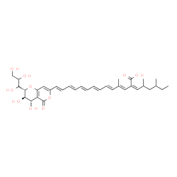 ChemSpider 2D Image | (2Z,3E,5E,7E,9E,11E,13E)-14-{(2R,3R,4S)-3,4-Dihydroxy-5-oxo-2-[(1S)-1,2,3-trihydroxypropyl]-3,4-dihydro-2H,5H-pyrano[4,3-b]pyran-7-yl}-2-(2,4-dimethylhexylidene)-4-methyl-3,5,7,9,11,13-tetradecahexaen
oic acid | C34H44O10