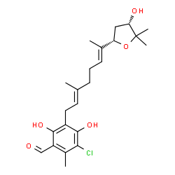ChemSpider 2D Image | 3-Chloro-4,6-dihydroxy-5-{(2E,6E)-7-[(2S,4S)-4-hydroxy-5,5-dimethyltetrahydro-2-furanyl]-3-methyl-2,6-octadien-1-yl}-2-methylbenzaldehyde | C23H31ClO5