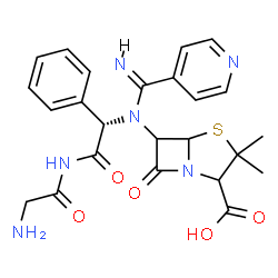 ChemSpider 2D Image | 6-{[(1S)-2-(Glycylamino)-2-oxo-1-phenylethyl][(E)-imino(4-pyridinyl)methyl]amino}-3,3-dimethyl-7-oxo-4-thia-1-azabicyclo[3.2.0]heptane-2-carboxylic acid | C24H26N6O5S
