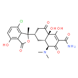 ChemSpider 2D Image | (4S,4aS,6S,8aR)-6-[(1S)-7-Chloro-4-hydroxy-1-methyl-3-oxo-1,3-dihydro-2-benzofuran-1-yl]-4-(dimethylamino)-1,8a-dihydroxy-3,8-dioxo-3,4,4a,5,6,7,8,8a-octahydro-2-naphthalenecarboxamide | C22H23ClN2O8