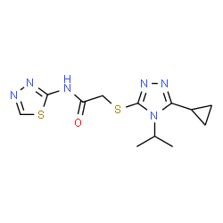 ChemSpider 2D Image | 2-[(5-Cyclopropyl-4-isopropyl-4H-1,2,4-triazol-3-yl)sulfanyl]-N-(1,3,4-thiadiazol-2-yl)acetamide | C12H16N6OS2