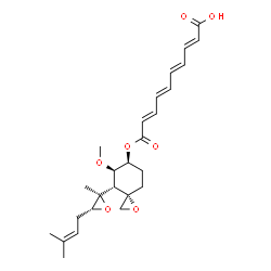 ChemSpider 2D Image | (2E,4E,6E,8E)-10-({(3S,4R,5R,6S)-5-Methoxy-4-[(2R,3R)-2-methyl-3-(3-methyl-2-buten-1-yl)-2-oxiranyl]-1-oxaspiro[2.5]oct-6-yl}oxy)-10-oxo-2,4,6,8-decatetraenoic acid | C26H34O7