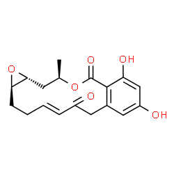 ChemSpider 2D Image | (1aR,4E,14R,15aR)-9,11-Dihydroxy-14-methyl-1a,14,15,15a-tetrahydro-2H-oxireno[e][2]benzoxacyclotetradecine-6,12(3H,7H)-dione | C18H20O6