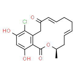 ChemSpider 2D Image | (3R,5E,9E)-13-Chloro-14,16-dihydroxy-3-methyl-3,4,7,8-tetrahydro-1H-2-benzoxacyclotetradecine-1,11(12H)-dione | C18H19ClO5