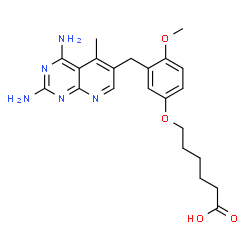 ChemSpider 2D Image | 6-{3-[(2,4-Diamino-5-methylpyrido[2,3-d]pyrimidin-6-yl)methyl]-4-methoxyphenoxy}hexanoic acid | C22H27N5O4