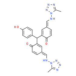 ChemSpider 2D Image | (4E,4'E)-2,2'-[(4-Hydroxyphenyl)methylene]bis(4-{[(5-methyl-1H-tetrazol-1-yl)amino]methylene}-2,5-cyclohexadien-1-one) | C25H22N10O3