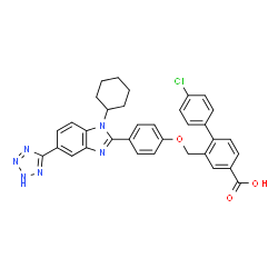 ChemSpider 2D Image | 4'-Chloro-2-({4-[1-cyclohexyl-5-(2H-tetrazol-5-yl)-1H-benzimidazol-2-yl]phenoxy}methyl)-4-biphenylcarboxylic acid | C34H29ClN6O3