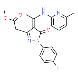 ChemSpider 2D Image | 1H-pyrazole-3-acetic acid, 1-(4-fluorophenyl)-4,5-dihydro-4-[1-[(6-methyl-2-pyridinyl)amino]ethylidene]-5-oxo-, methyl ester, (4Z)- | C20H19FN4O3