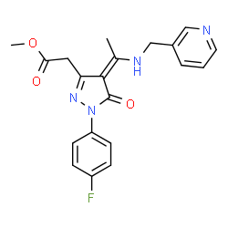 ChemSpider 2D Image | Methyl [(4Z)-1-(4-fluorophenyl)-5-oxo-4-{1-[(3-pyridinylmethyl)amino]ethylidene}-4,5-dihydro-1H-pyrazol-3-yl]acetate | C20H19FN4O3