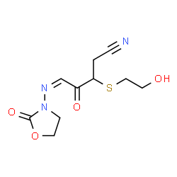 ChemSpider 2D Image | (5Z)-3-[(2-Hydroxyethyl)sulfanyl]-4-oxo-5-[(2-oxo-1,3-oxazolidin-3-yl)imino]pentanenitrile | C10H13N3O4S