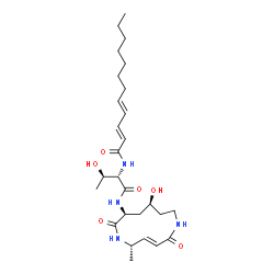 ChemSpider 2D Image | (2E,4E)-N-[(1S,2R)-2-Hydroxy-1-[[[(3E,5S,8S,10S)-10-hydroxy-5-methyl-2,7-dioxo-1,6-diazacyclododec-3-en-8-yl]amino]carbonyl]propyl]-2,4-dodecadienamide | C27H44N4O6