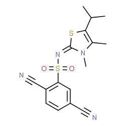 ChemSpider 2D Image | 2,5-Dicyano-N-[(2E)-5-isopropyl-3,4-dimethyl-1,3-thiazol-2(3H)-ylidene]benzenesulfonamide | C16H16N4O2S2