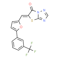 ChemSpider 2D Image | (5Z)-5-({5-[3-(Trifluoromethyl)phenyl]-2-furyl}methylene)[1,3]thiazolo[3,2-b][1,2,4]triazol-6(5H)-one | C16H8F3N3O2S
