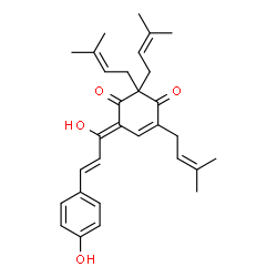 ChemSpider 2D Image | (6Z)-6-[(2E)-1-Hydroxy-3-(4-hydroxyphenyl)-2-propen-1-ylidene]-2,2,4-tris(3-methyl-2-buten-1-yl)-4-cyclohexene-1,3-dione | C30H36O4