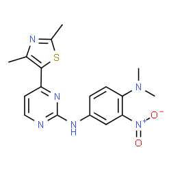 ChemSpider 2D Image | N~4~-[4-(2,4-Dimethyl-1,3-thiazol-5-yl)-2-pyrimidinyl]-N~1~,N~1~-dimethyl-2-nitro-1,4-benzenediamine | C17H18N6O2S