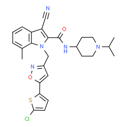 ChemSpider 2D Image | 1-{[5-(5-CHLORO-2-THIENYL)ISOXAZOL-3-YL]METHYL}-3-CYANO-N-(1-ISOPROPYLPIPERIDIN-4-YL)-7-METHYL-1H-INDOLE-2-CARBOXAMIDE | C27H28ClN5O2S