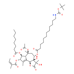 ChemSpider 2D Image | (3S,3ar,4S,6S,6ar,7S,8S,9bs)-6-(acetyloxy)-3,3a-dihydroxy-3,6,9-trimethyl-8-{[(2Z)-2-methylbut-2-enoyl]oxy}-7-(octanoyloxy)-2-oxo-2,3,3a,4,5,6,6a,7,8,9b-decahydroazuleno[4,5-b]furan-4-yl 12-[(tert-butoxycarbonyl)amino]dodecanoate | C47H75NO14