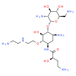 ChemSpider 2D Image | (2R)-4-Amino-N-{(1R,2S,3R,4R,5S)-5-amino-2-{2-[(2-aminoethyl)amino]ethoxy}-4-[(2,6-diamino-2,6-dideoxy-alpha-D-glucopyranosyl)oxy]-3-hydroxycyclohexyl}-2-hydroxybutanamide | C20H43N7O8