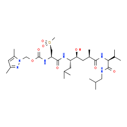 ChemSpider 2D Image | N~2~-[(2R,4S,5S)-5-{[N-{[(3,5-Dimethyl-1H-pyrazol-1-yl)methoxy]carbonyl}-3-(methylsulfonyl)-L-alanyl]amino}-4-hydroxy-2,7-dimethyloctanoyl]-N-isobutyl-L-valinamide | C30H54N6O8S
