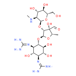 ChemSpider 2D Image | 2,2'-[(1S,2S,3R,4S,5S,6R)-4-({5-Deoxy-2-O-[2-deoxy-2-(methylamino)-alpha-L-glucopyranosyl]-3-C-formyl-alpha-L-lyxofuranosyl}oxy)-2,5,6-trihydroxy-1,3-cyclohexanediyl]diguanidine | C21H39N7O12