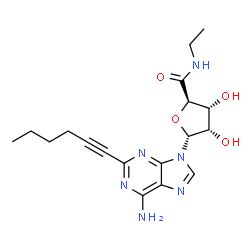 ChemSpider 2D Image | (2R,3R,4S,5R)-5-[6-Amino-2-(1-hexyn-1-yl)-9H-purin-9-yl]-N-ethyl-3,4-dihydroxytetrahydro-2-furancarboxamide | C18H24N6O4