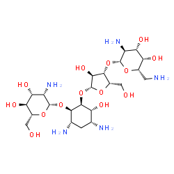 ChemSpider 2D Image | (1R,2S,3R,4R,6S)-4,6-Diamino-2-{[3-O-(2,6-diamino-2,6-dideoxy-beta-L-galactopyranosyl)-beta-L-xylofuranosyl]oxy}-3-hydroxycyclohexyl 2-amino-2-deoxy-beta-D-mannopyranoside | C23H45N5O14