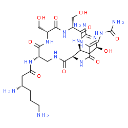 ChemSpider 2D Image | (3S)-3,6-Diamino-N-[(3R,6Z,9R,12R,15S)-3-[(4S,6S)-2-amino-6-hydroxy-3,4,5,6-tetrahydro-4-pyrimidinyl]-6-[(carbamoylamino)methylene]-9,12-bis(hydroxymethyl)-2,5,8,11,14-pentaoxo-1,4,7,10,13-pentaazacyc
lohexadecan-15-yl]hexanamide | C25H43N13O10
