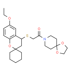 ChemSpider 2D Image | 1-(1,4-Dioxa-8-azaspiro[4.5]dec-8-yl)-2-[(6-ethoxy-3,4-dihydrospiro[chromene-2,1'-cyclohexan]-4-yl)sulfanyl]ethanone | C25H35NO5S