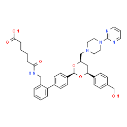 ChemSpider 2D Image | 6-[({4'-[(2R,4S,6R)-4-[4-(Hydroxymethyl)phenyl]-6-{[4-(2-pyrimidinyl)-1-piperazinyl]methyl}-1,3-dioxan-2-yl]-2-biphenylyl}methyl)amino]-6-oxohexanoic acid | C39H45N5O6