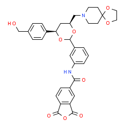 ChemSpider 2D Image | N-(3-{(4S,6R)-4-(1,4-Dioxa-8-azaspiro[4.5]dec-8-ylmethyl)-6-[4-(hydroxymethyl)phenyl]-1,3-dioxan-2-yl}phenyl)-1,3-dioxo-1,3-dihydro-2-benzofuran-5-carboxamide | C34H34N2O9