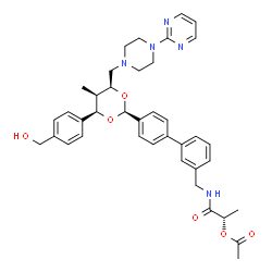 ChemSpider 2D Image | (2S)-1-[({4'-[(2S,4R,5R,6S)-4-[4-(Hydroxymethyl)phenyl]-5-methyl-6-{[4-(2-pyrimidinyl)-1-piperazinyl]methyl}-1,3-dioxan-2-yl]-3-biphenylyl}methyl)amino]-1-oxo-2-propanyl acetate | C39H45N5O6