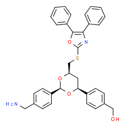 ChemSpider 2D Image | {4-[(2R,4S,6R)-2-[4-(Aminomethyl)phenyl]-6-{[(4,5-diphenyl-1,3-oxazol-2-yl)sulfanyl]methyl}-1,3-dioxan-4-yl]phenyl}methanol | C34H32N2O4S