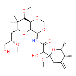 ChemSpider 2D Image | 2-Hydroxy-N-{(4S,6R,8aR)-6-[(2S)-3-hydroxy-2-methoxypropyl]-8-methoxy-7,7-dimethylhexahydropyrano[3,2-d][1,3]dioxin-4-yl}-2-[(5R,6R)-2-methoxy-5,6-dimethyl-4-methylenetetrahydro-2H-pyran-2-yl]acetamid
e | C25H43NO10