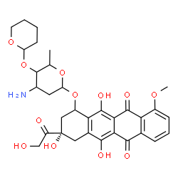 ChemSpider 2D Image | (3S)-3-Glycoloyl-3,5,12-trihydroxy-10-methoxy-6,11-dioxo-1,2,3,4,6,11-hexahydro-1-tetracenyl 3-amino-2,3,6-trideoxy-4-O-(tetrahydro-2H-pyran-2-yl)hexopyranoside | C32H37NO12