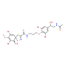 ChemSpider 2D Image | (5S,10R)-N-{3-[4-(2-Acetamido-1-hydroxyethyl)-2,6-dibromophenoxy]propyl}-7,9-dibromo-10-hydroxy-8-methoxy-1-oxa-2-azaspiro[4.5]deca-2,6,8-triene-3-carboxamide | C23H25Br4N3O7