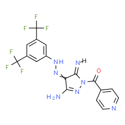 ChemSpider 2D Image | [(5Z)-3-Amino-4-{[3,5-bis(trifluoromethyl)phenyl]hydrazono}-5-imino-4,5-dihydro-1H-pyrazol-1-yl](4-pyridinyl)methanone | C17H11F6N7O