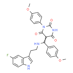 ChemSpider 2D Image | 5-[{[2-(5-Fluoro-1H-indol-3-yl)ethyl]amino}(4-methoxyphenyl)methylene]-1-(4-methoxyphenyl)-2,4,6(1H,3H,5H)-pyrimidinetrione | C29H25FN4O5