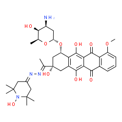ChemSpider 2D Image | (1S,3S)-3,5,12-Trihydroxy-3-[(1E)-N-(1-hydroxy-2,2,6,6-tetramethyl-4-piperidinylidene)ethanehydrazonoyl]-10-methoxy-6,11-dioxo-1,2,3,4,6,11-hexahydro-1-tetracenyl 3-amino-2,3,6-trideoxy-alpha-L-lyxo-h
exopyranoside | C36H46N4O10